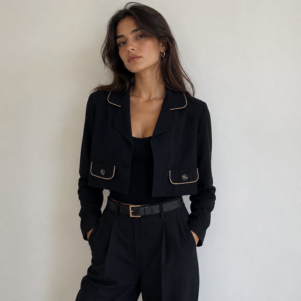 Vintage 80's-90's Cropped Black Blazer Jacket Gold Trim Mod Officecore M 6